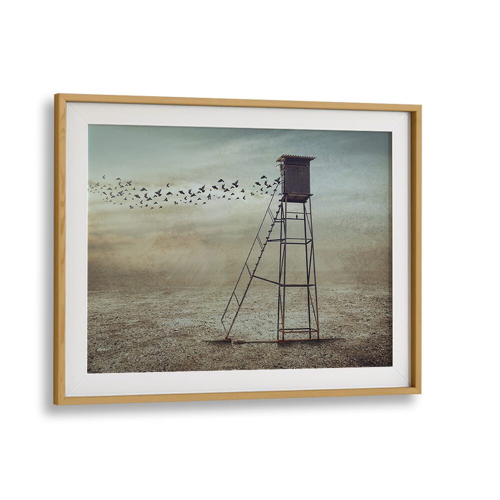 Surreal art print featuring a watchtower and birds, perfect for your collection of GO TO NATURE, PHOTOGRAPHY PRINTS.