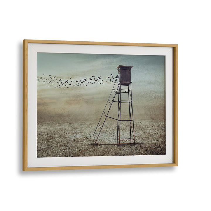 Surreal art print featuring a watchtower and birds, perfect for your collection of GO TO NATURE, PHOTOGRAPHY PRINTS.