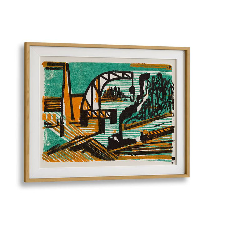 RIVER LANDSCAPE WITH CRANE AND BARGES (1927)  , VINTAGE PAINTINGS