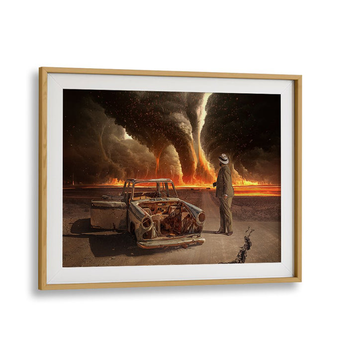 FIRE STORM, PHOTOGRAPHY PRINTS depict a surreal scene of a man facing fiery tornadoes and a vintage car.