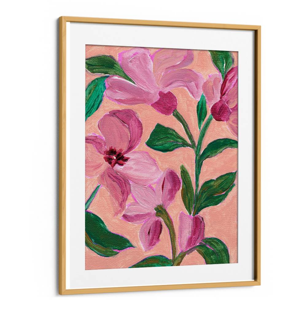 PINK FLOWERS LEAVES , FLORAL FLOWER PAINTINGS