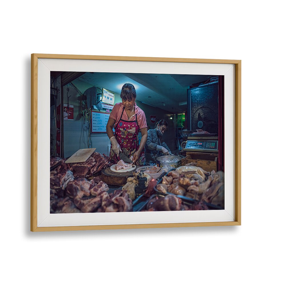 Explore NIGHT BUTCHERY, PHOTOGRAPHY PRINTS showcasing a vibrant street scene with skilled butchers at work.