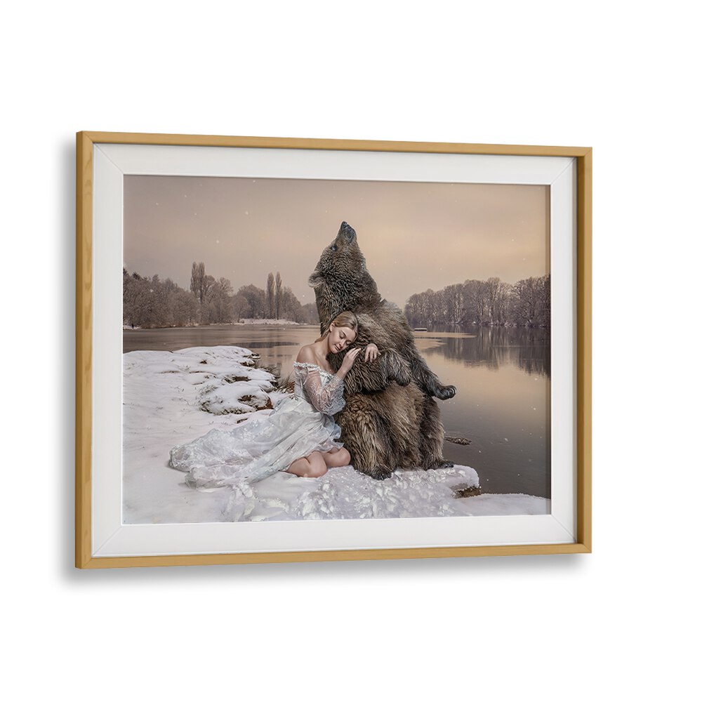 Cuddling Bear, photography prints showcasing a surreal scene of a woman with a bear by a serene lake. Perfect for art lovers.