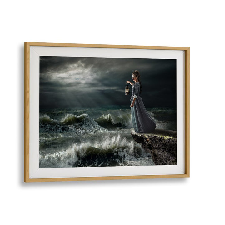 Surreal STORM MAID PHOTOGRAPHY PRINTS featuring a woman with a lantern by turbulent waves, capturing dreamlike beauty.