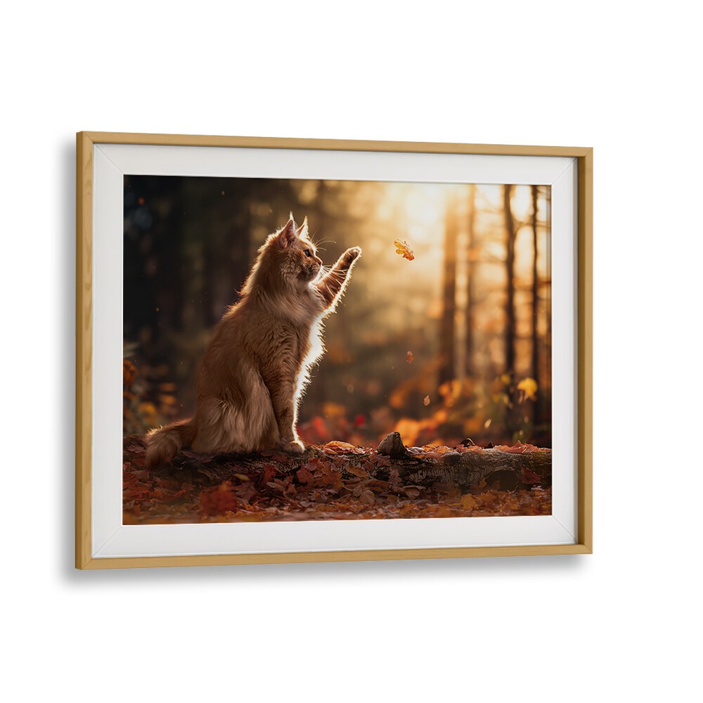 Stunning AUTUMN CAT, PHOTOGRAPHY PRINTS capturing a cat amidst vibrant fall leaves and golden sunlight. Perfect for decor!