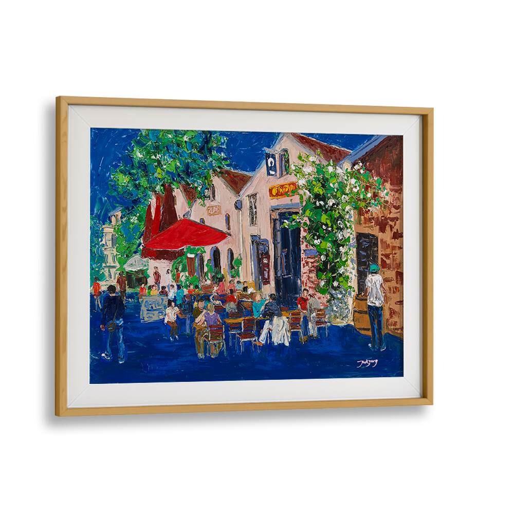 Vibrant HOLIDAY, BAR & CAFE ART featuring lively outdoor seating and red umbrellas, perfect for a cheerful atmosphere.