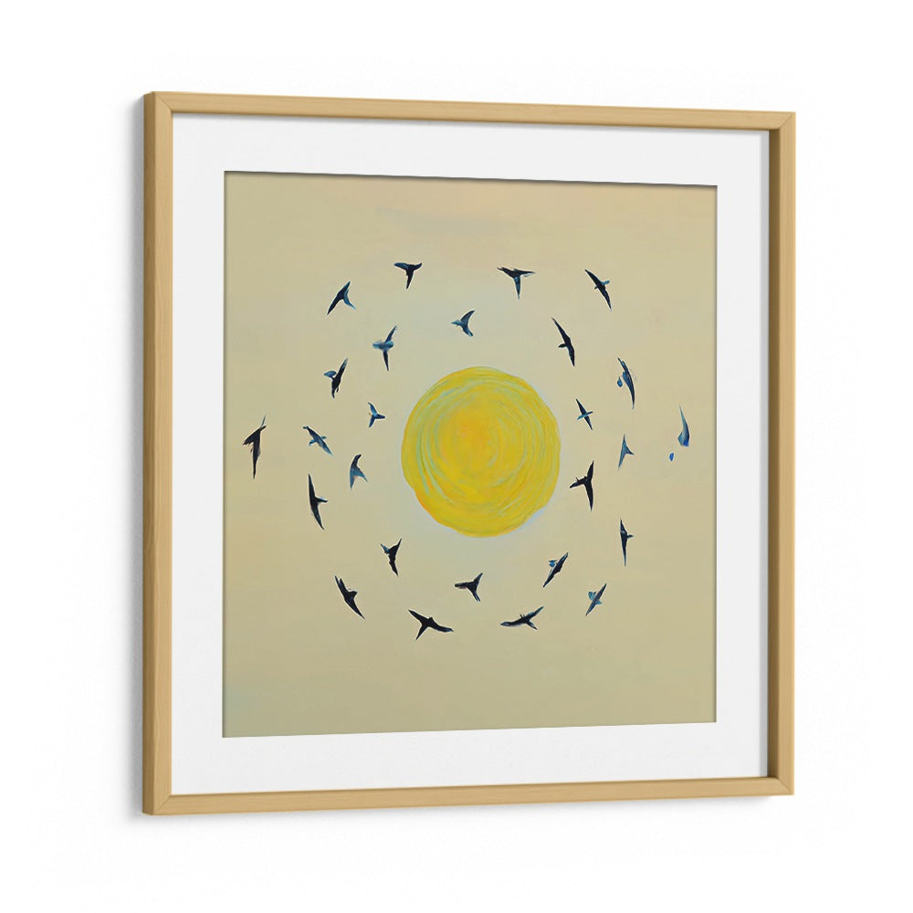 FLY AWAY WITH ME , KIDS ROOM PAINTINGS with birds flying around a bright yellow sun, perfect for inspiring kids’ creativity.