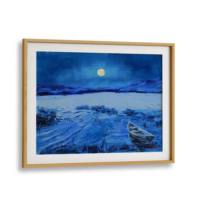 Stunning FULL MOON, LANDSCAPE PAINTINGS with a serene night scene featuring a boat on a tranquil lake.