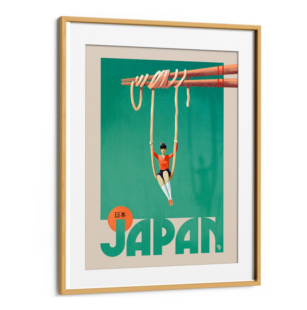 Colorful JAPAN NOODLES, BAR art featuring a woman playfully suspended from chopsticks, perfect for your kitchen decor.