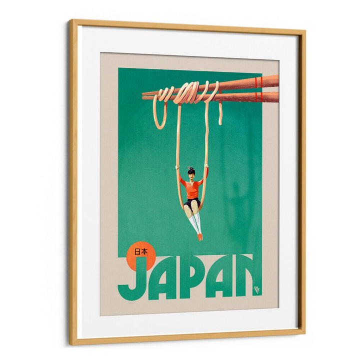 Colorful JAPAN NOODLES, BAR art featuring a woman playfully suspended from chopsticks, perfect for your kitchen decor.
