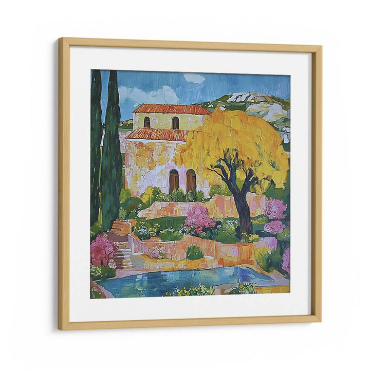 Vibrant artwork of a luxurious HOUSE BY THE POOL, showcasing elegant living and serene outdoor beauty.
