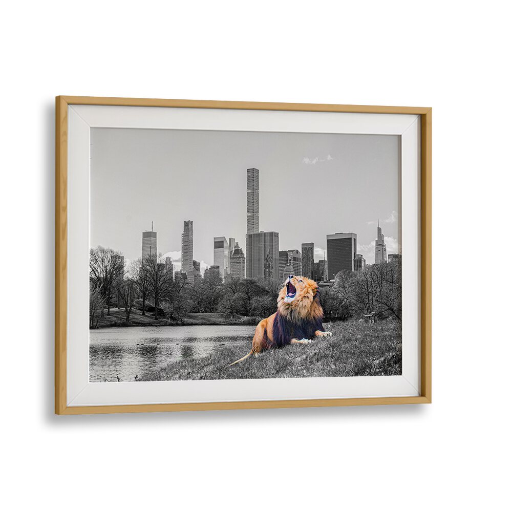 Vibrant NEW YORK ROAR, ANIMAL PAINTINGS showcasing a lion against the iconic New York skyline. Perfect for city lovers.