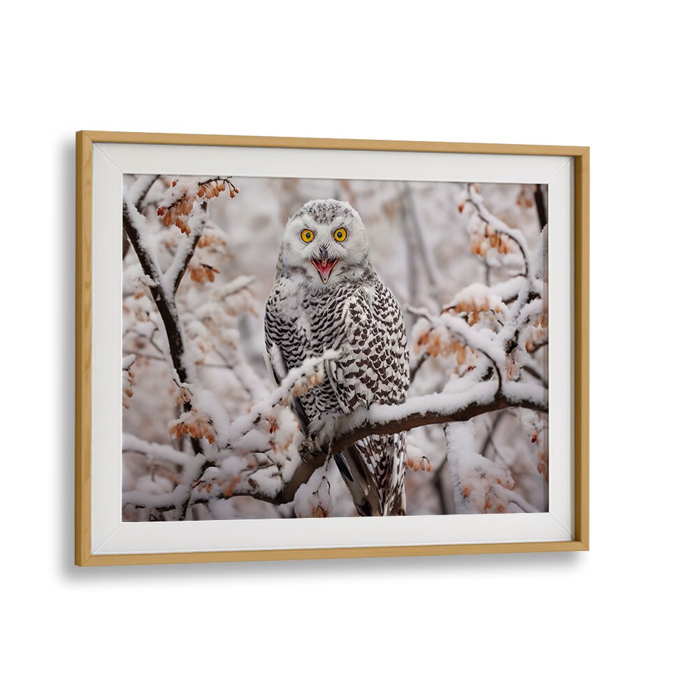 Majestic Snow Owl perched on a snowy branch, perfect for wildlife lovers. Explore SNOW OWL, PHOTOGRAPHY PRINTS today!