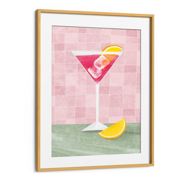 Framed PINK COCTAIL, BAR art featuring a vibrant pink drink and lemon slice, perfect for any café or bar setting.