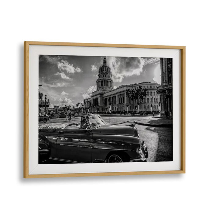 Stunning black and white scene featuring EL CAPITOLIO with classic cars, perfect for urban photography prints.