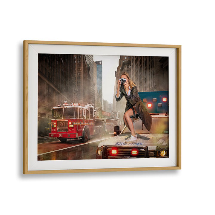 Surreal scene of a woman photographing from an ambulance, showcasing HOT NEWS, PHOTOGRAPHY PRINTS artistry.