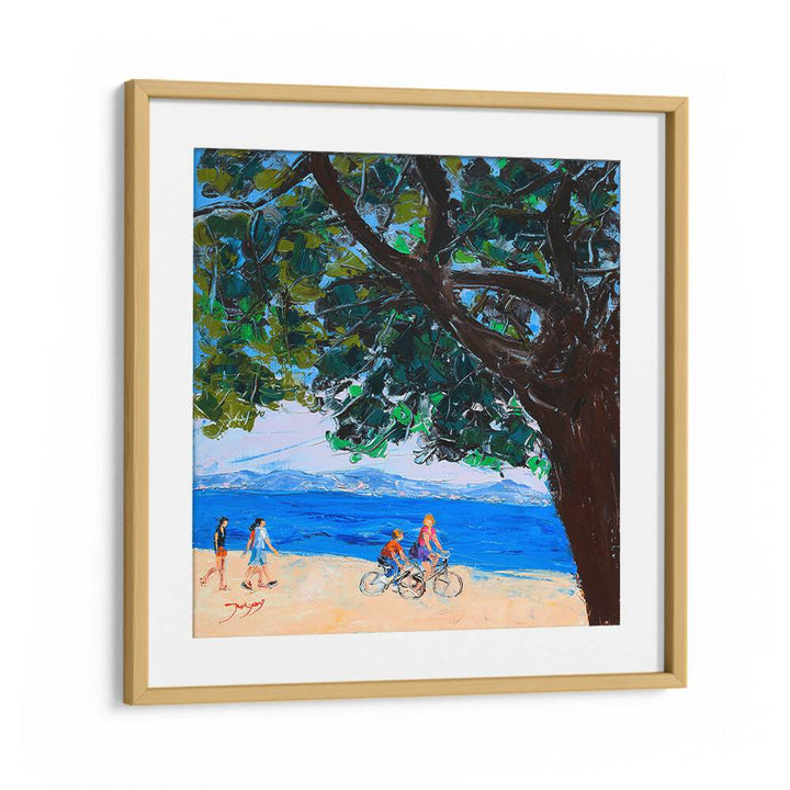 Vibrant ON VACATION, BEACH PAINTINGS capturing a lively beach scene with families and cyclists by the shore.