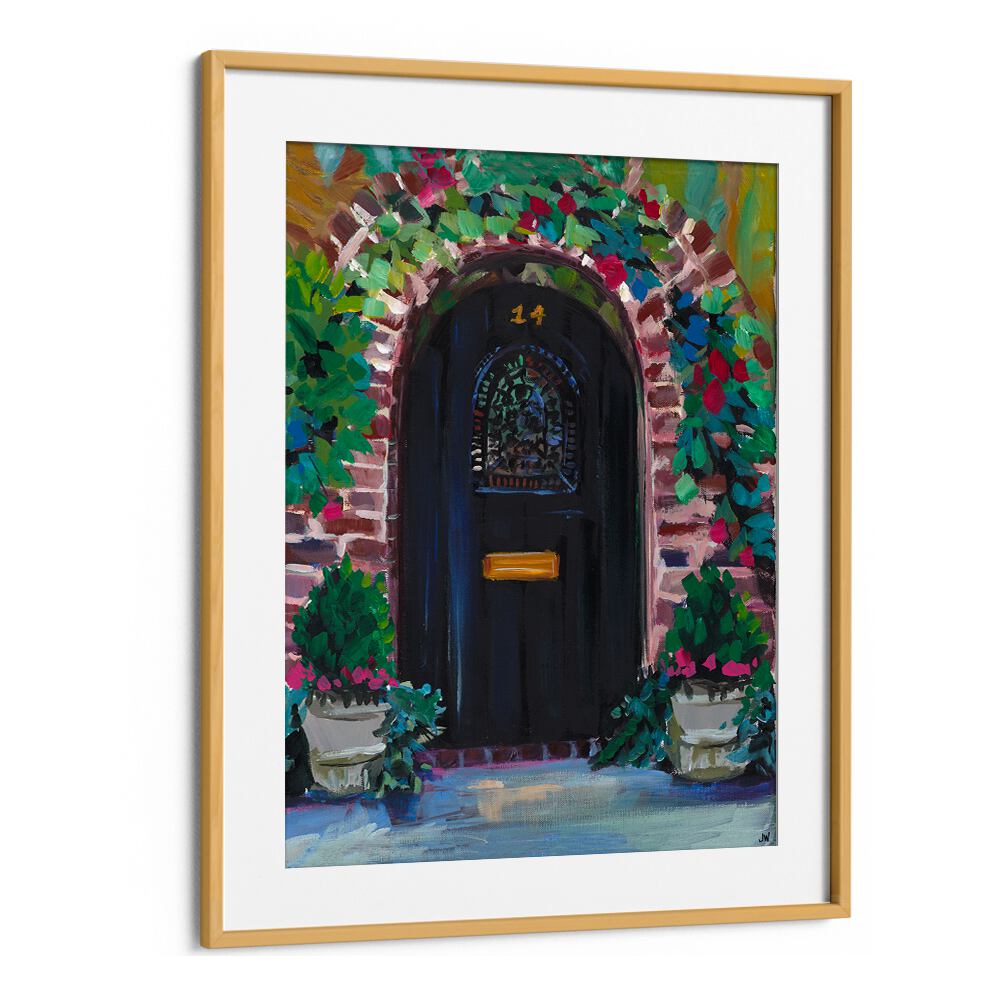 BLACK DOOR, FLORAL FLOWER PAINTINGS showcase a vibrant entrance surrounded by lush greenery and colorful blooms.