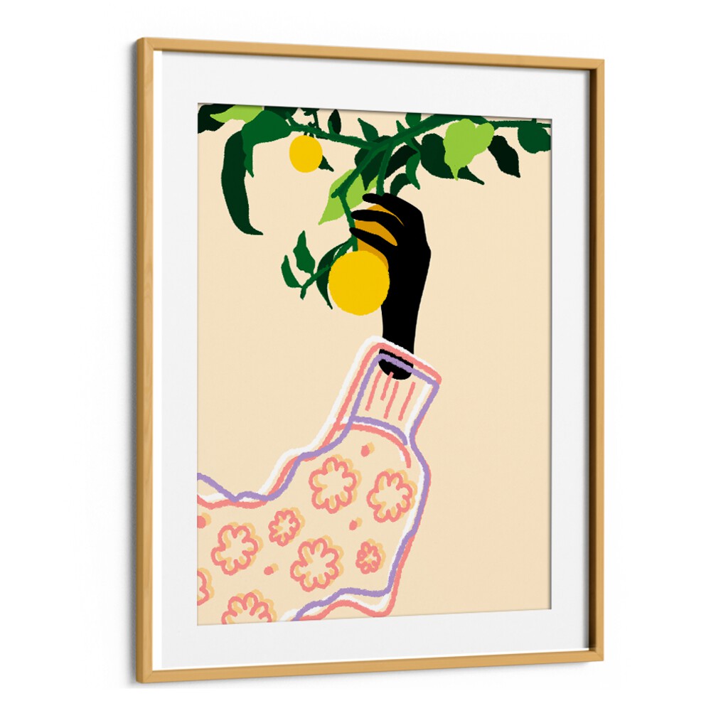 Bright and vibrant CITRUS TOUCH, KITCHEN POSTERS showcase a hand reaching for lemons, perfect for any kitchen decor.
