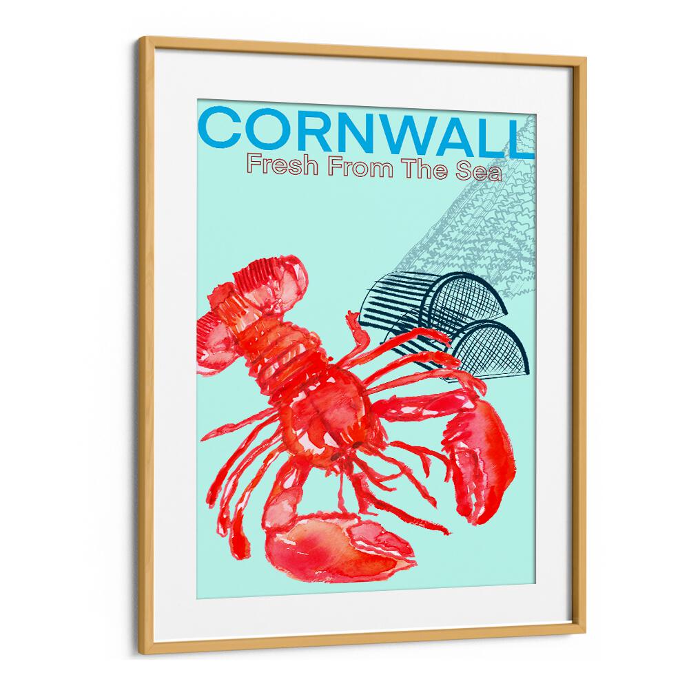 Vibrant Cornwall Sea Poster featuring a lobster, ideal for beach lovers and coastal home decor. Perfect beach paintings!