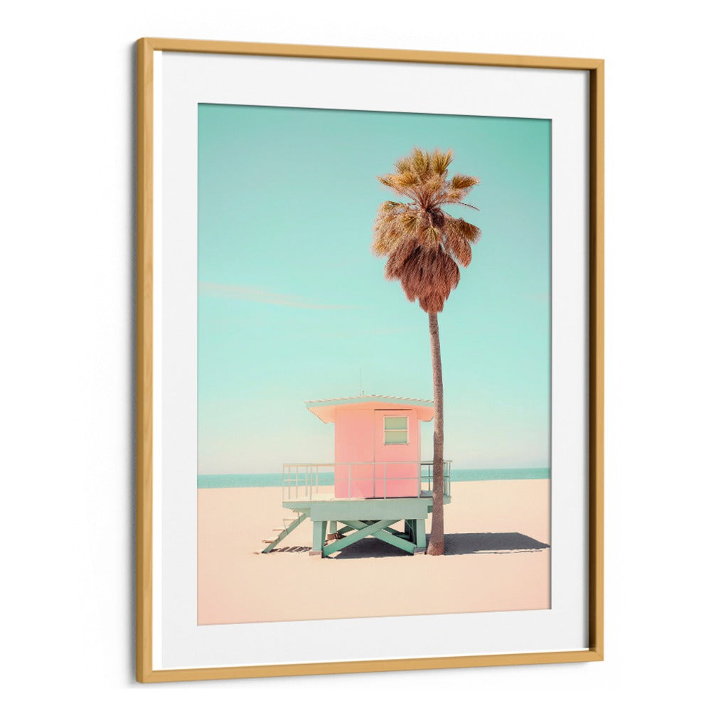 Vibrant BEACHSIDE PINK BLISS beach painting featuring a pink lifeguard tower and palm tree, perfect for coastal decor.