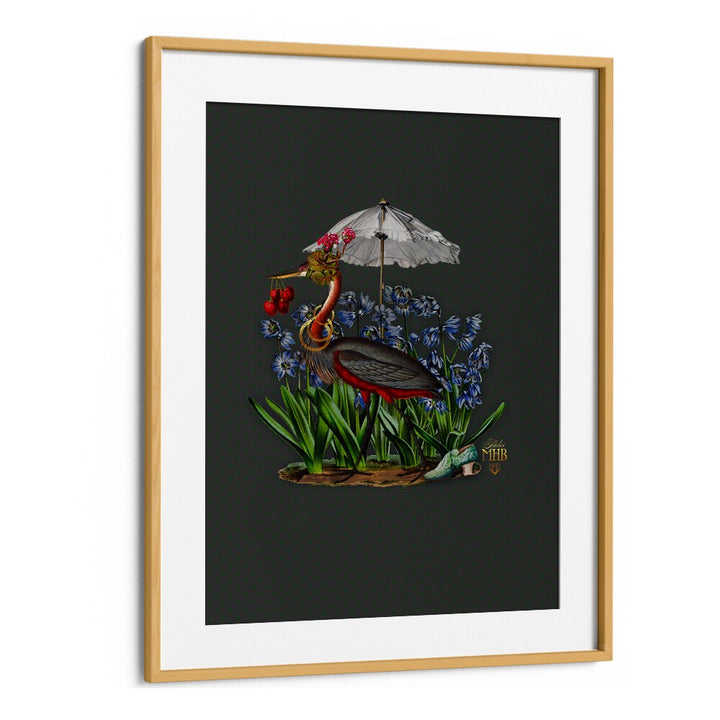 Whimsical heron under an umbrella surrounded by flowers, showcasing the charm of ENCHANTED FOREST II, ANIMAL PAINTINGS.