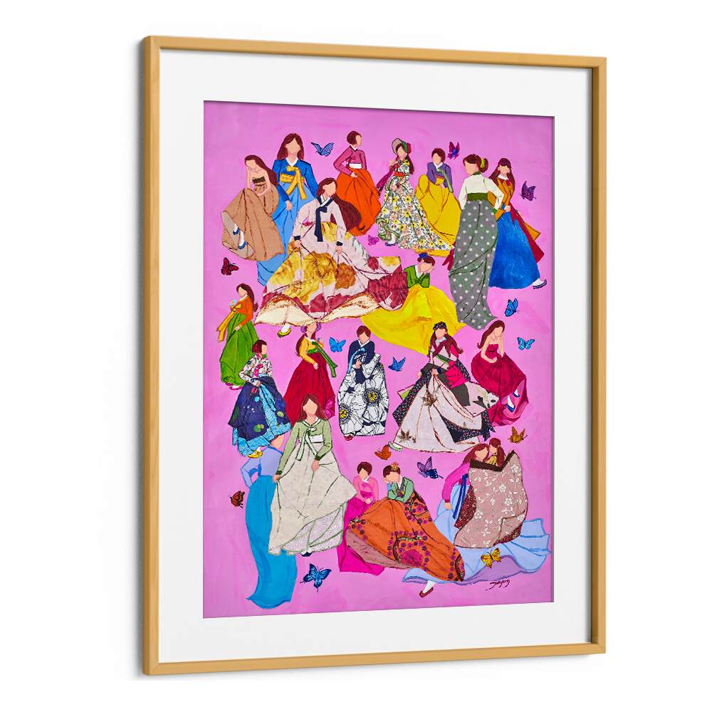 Colorful illustration of WOMAN IN DRESSES, FASHION POSTERS, showcasing diverse styles and designs on a vibrant pink background.