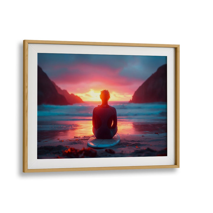 A serene surfer at sunset, showcasing the vibrant hues of SURFSIDE SUNSET, BEACH PAINTINGS by Philippe Hugonnard.