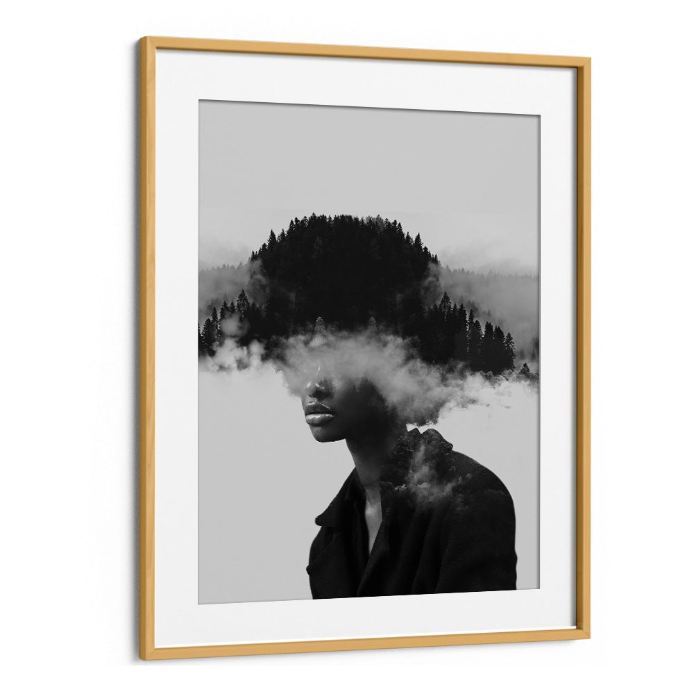 Surreal art print "FOGGY THOUGHTS" features a person with cloud-like imagery, blending nature and introspection beautifully.