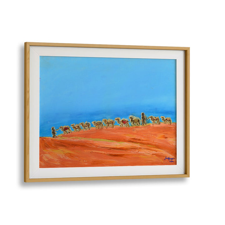 Vibrant CAMELS, LANDSCAPE PAINTINGS showcasing a desert scene with camels against a blue sky and orange terrain.