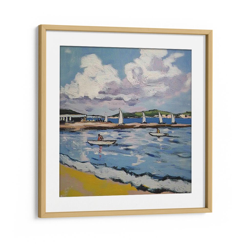 Colorful SAILBOATS ON THE BEACH artwork beautifully captures serene coastal living, perfect for home or office decor.