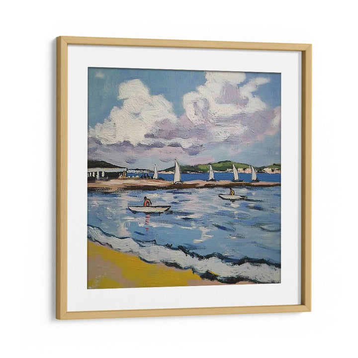 Colorful SAILBOATS ON THE BEACH artwork beautifully captures serene coastal living, perfect for home or office decor.