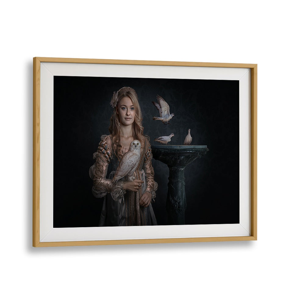 Elegant PRINCESS BIRDS, PHOTOGRAPHY PRINTS showcase a whimsical scene with a woman and enchanting birds.