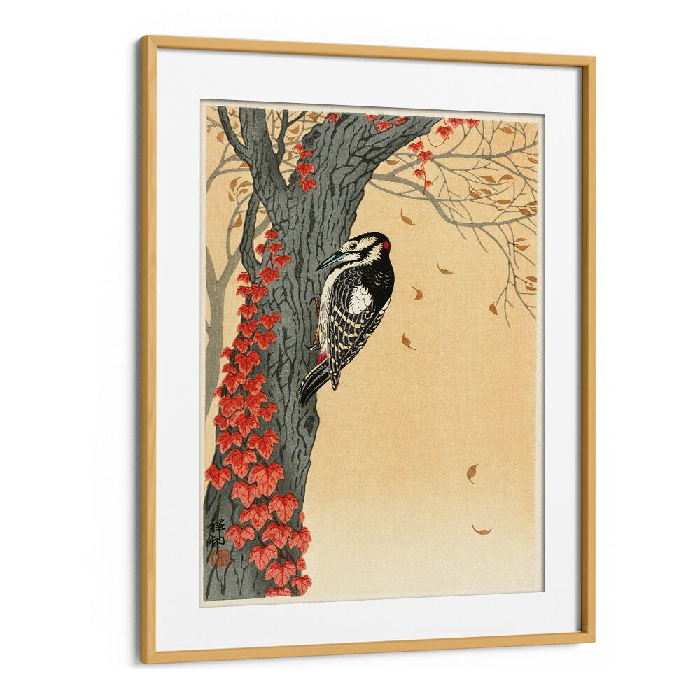 GREAT SPOTTED WOODPECKER IN TREE WITH RED IVY (1925 - 1936) , JAPANESE PAINTINGS , JAPANESE ART PRINTS