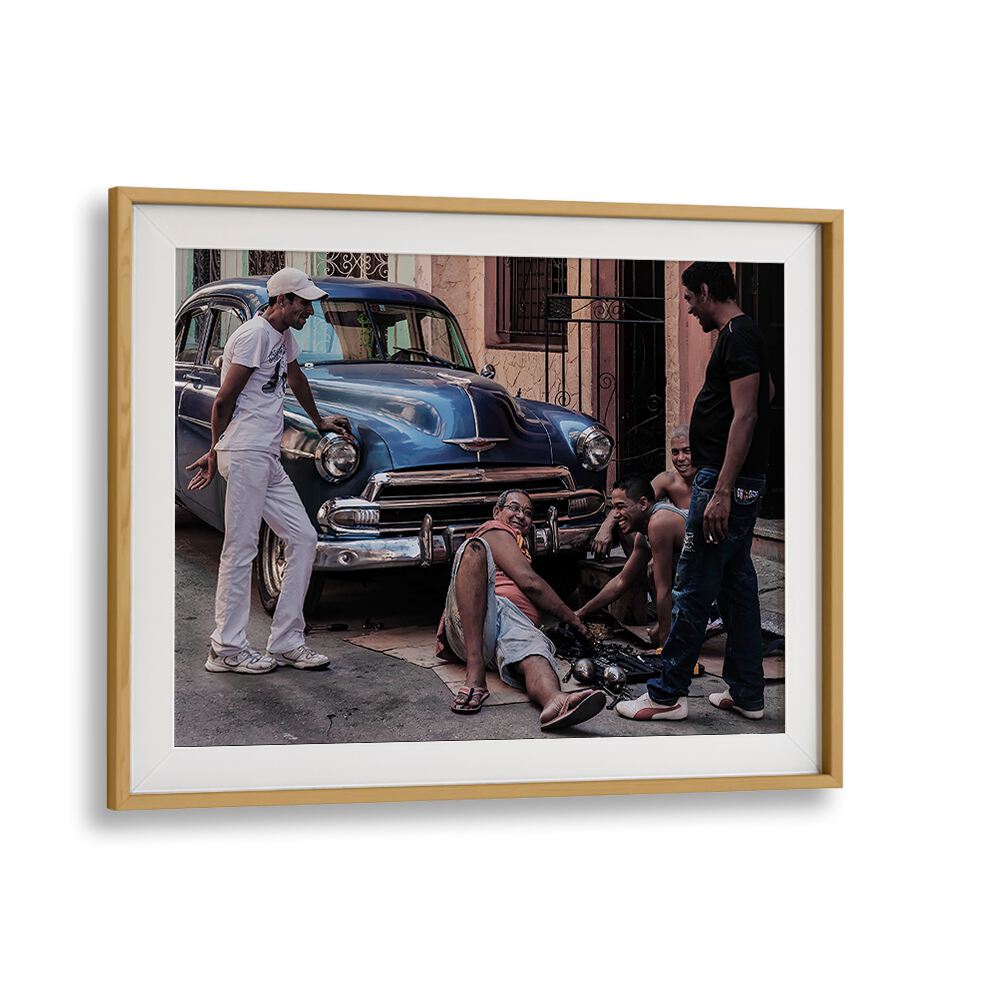 Street scene capturing urban artistry and community, showcasing the process of repairing a car, photography prints.