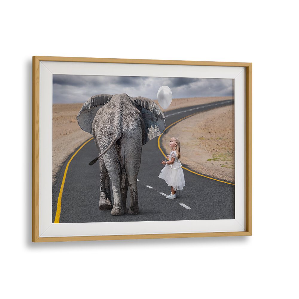 Whimsical "HELLO MR ELEPHANT, PHOTOGRAPHY PRINTS" featuring a child and elephant on a surreal road scene.
