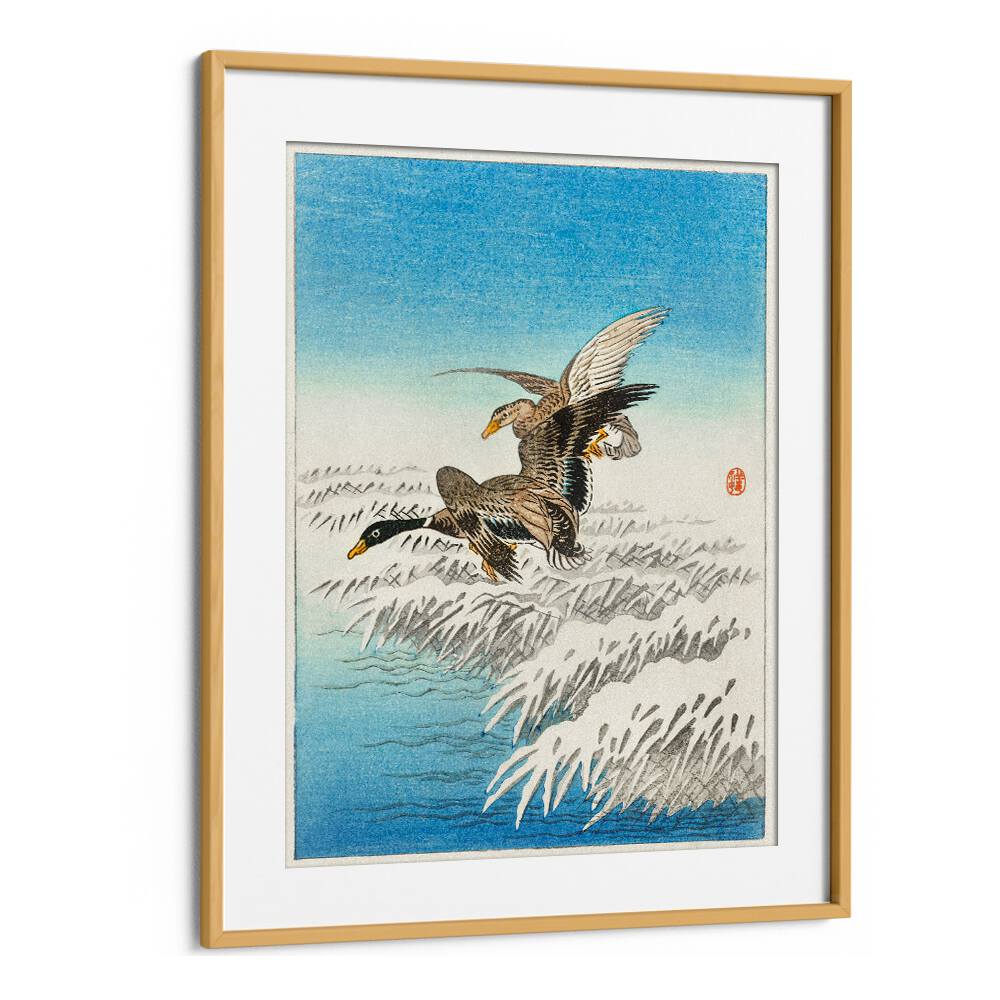 PAIR OF DUCKS FLYING OVER SNOWY REED COLLAR (1900 - 1945) , JAPANESE PAINTINGS , JAPANESE ART PRINTS