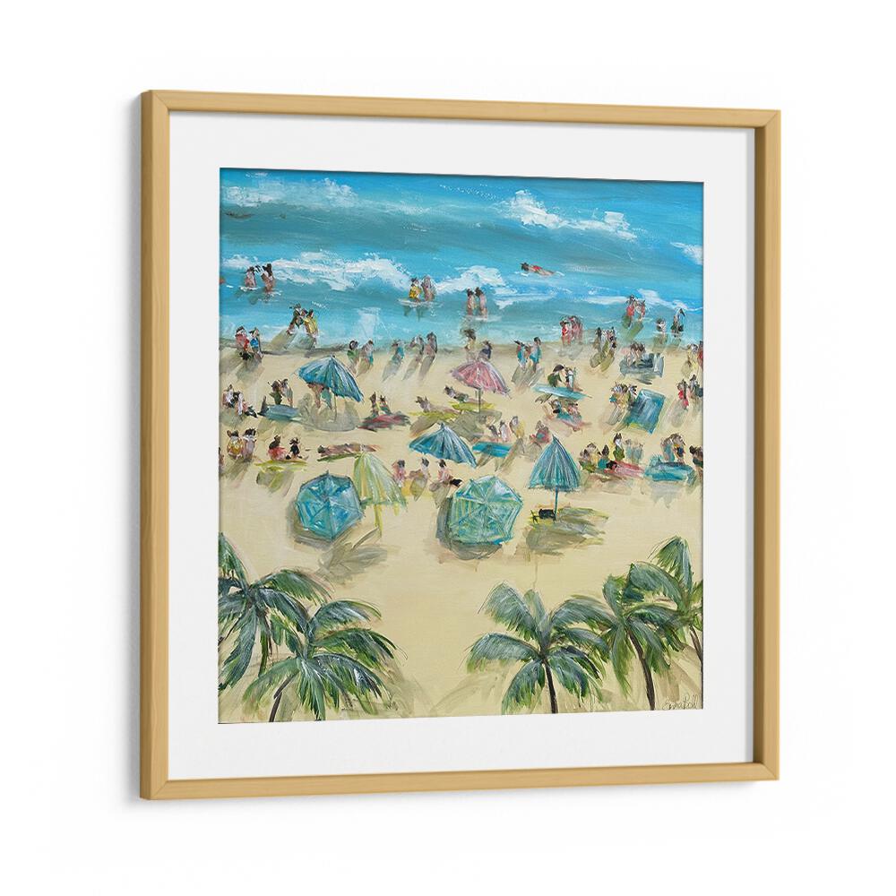 Vibrant beach scene with umbrellas and people, showcasing BEACHSIDE BLISS, BEACH PAINTINGS for your coastal decor.