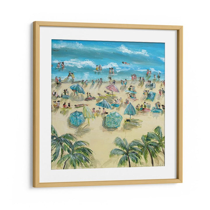 Vibrant beach scene with umbrellas and people, showcasing BEACHSIDE BLISS, BEACH PAINTINGS for your coastal decor.