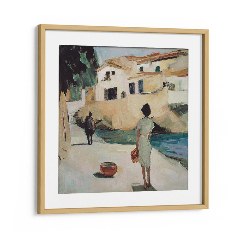 Elegant artwork featuring a woman in white, embodying sophistication and style in a serene outdoor setting.