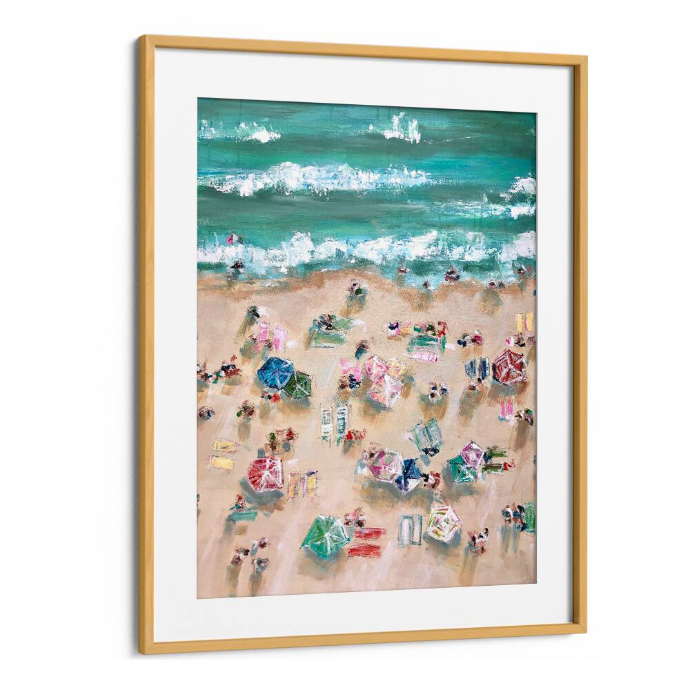 Vibrant SUNBATHERS, BEACH PAINTINGS showcase colorful umbrellas and beachgoers enjoying a sunny shore.