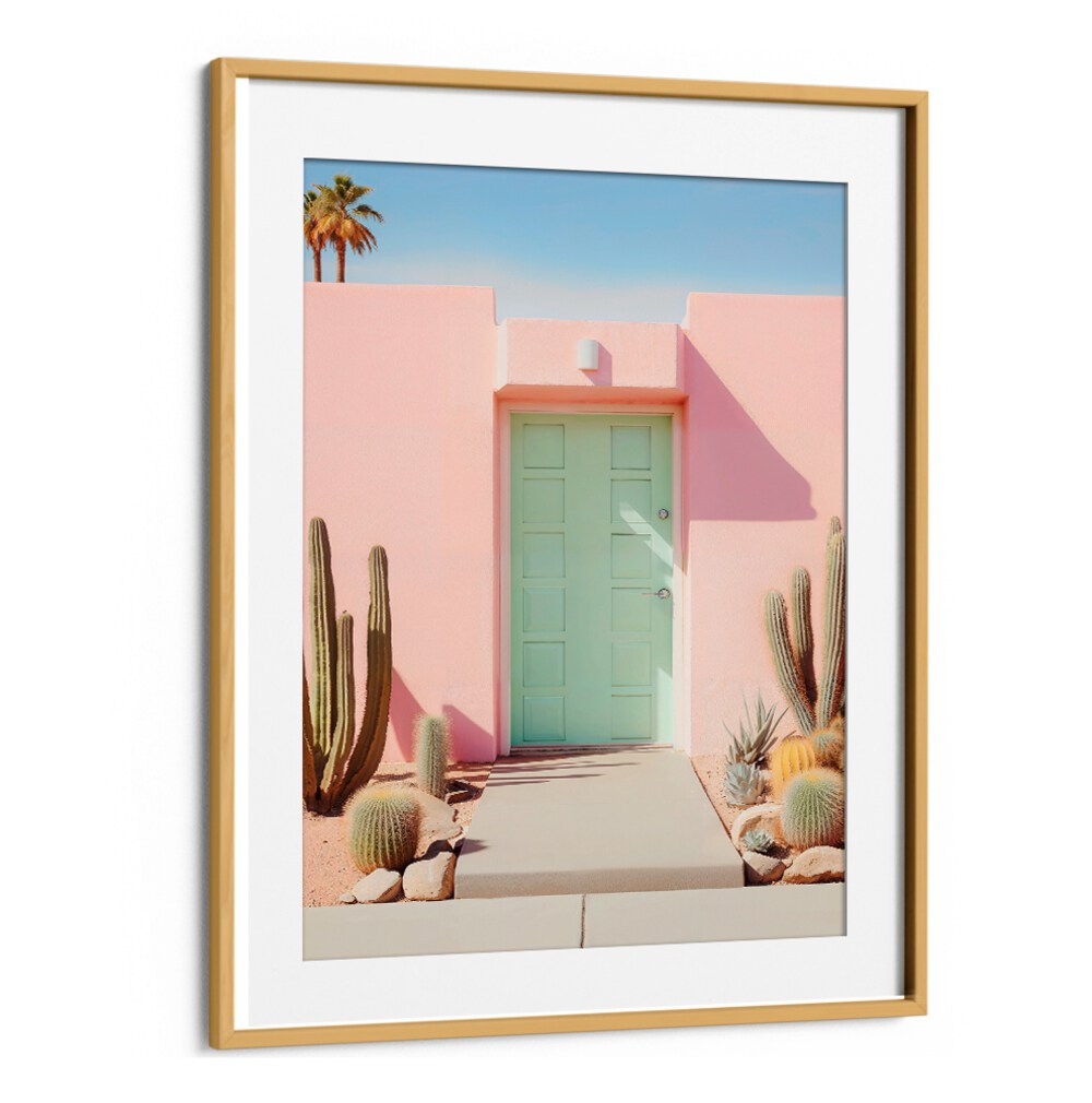 Vibrant pastel architecture and cacti capture the essence of relaxation in PASTEL PALM SPRINGS, BEACH PAINTINGS.