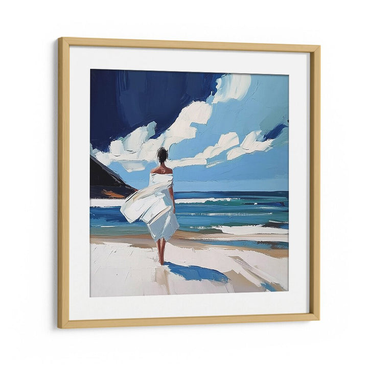 A serene WOMAN WALKING ON THE BEACH, capturing tranquility and coastal warmth in stunning artwork from Oakwood Mount.