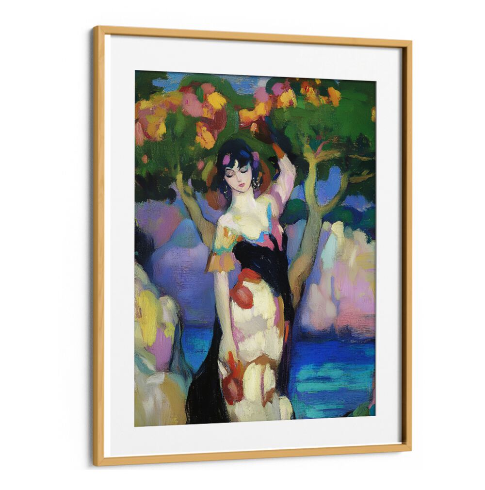 WOMAN BY THE SEA II showcases a graceful figure amidst vibrant coastal scenery, perfect for art lovers.