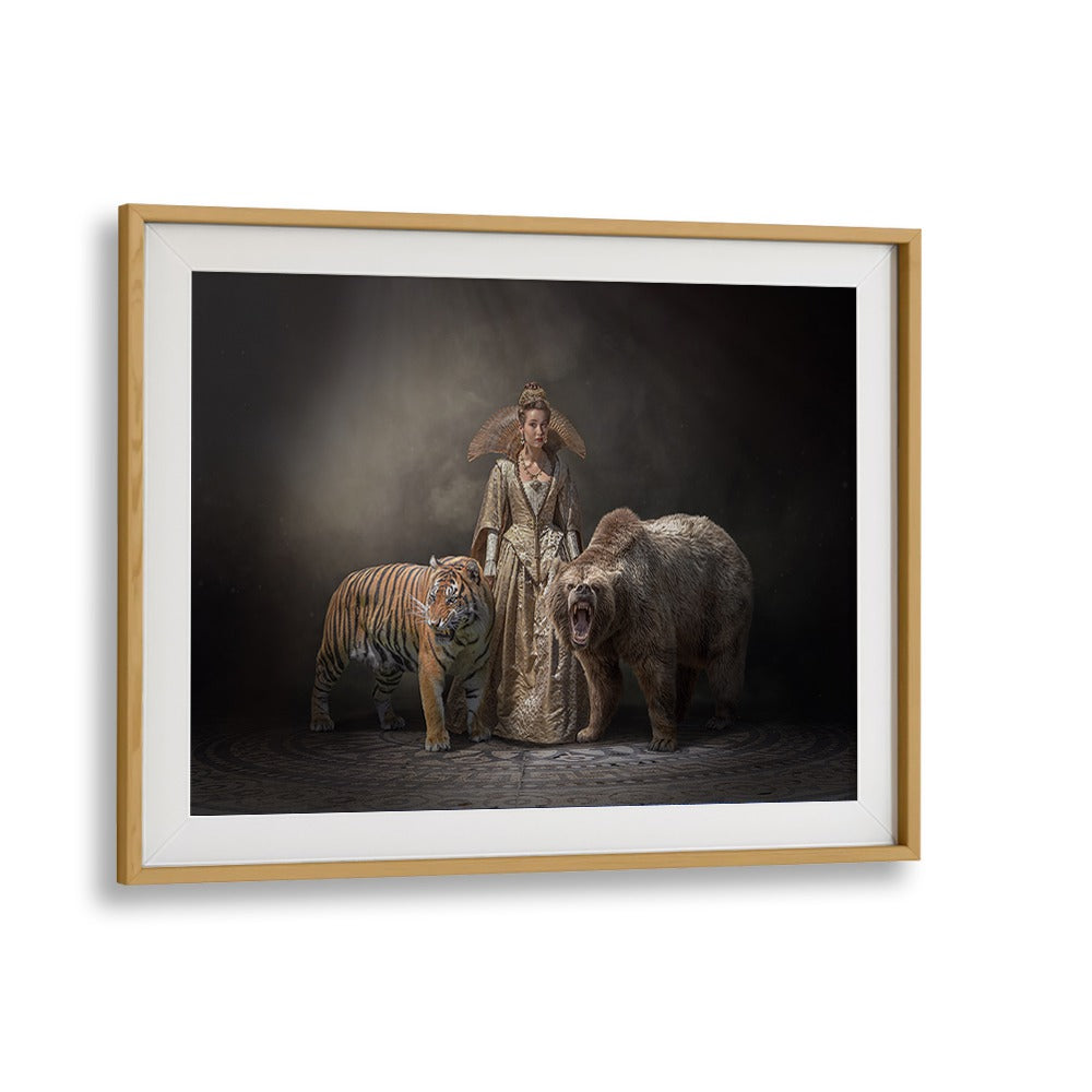 Surreal PRINCESS BEASTS, PHOTOGRAPHY PRINTS featuring a regal figure with a tiger and bear in a fantasy setting.