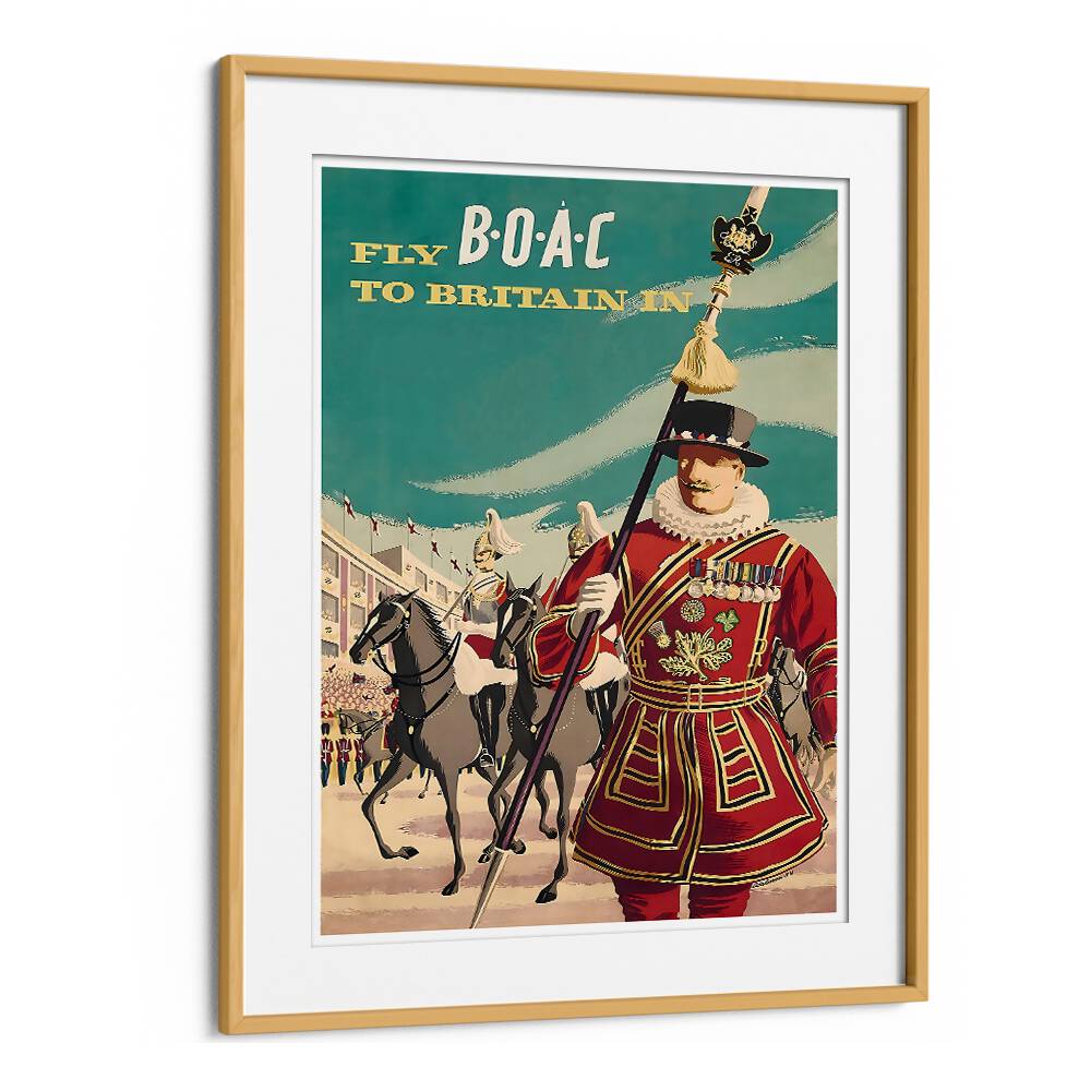 Vintage travel poster showcasing Britain's charm, featuring a regal soldier in traditional attire. Perfect for any decor.