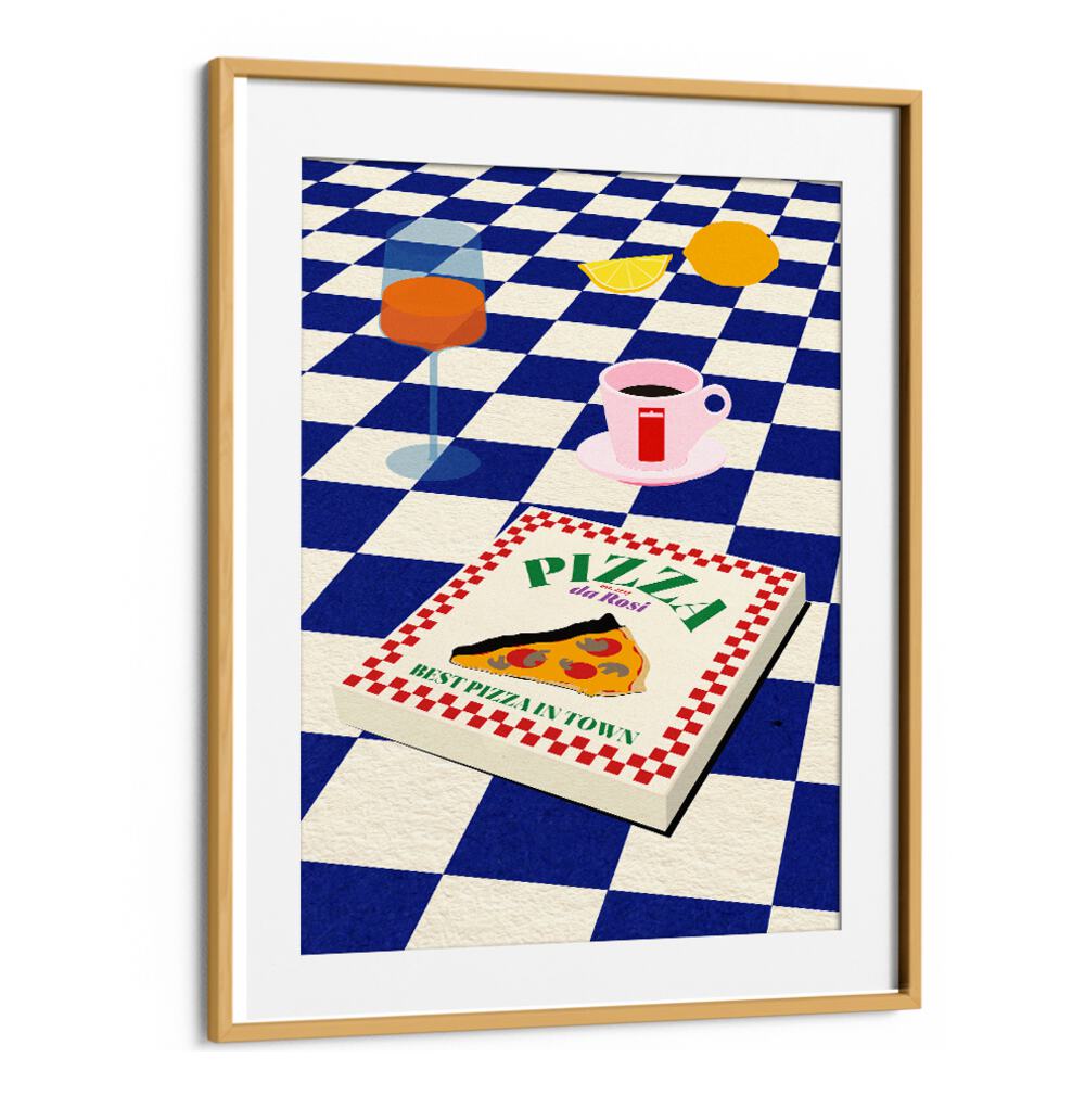 Colorful illustration of THE ITALIAN MENU, BAR & CAFE ART featuring pizza and drinks, perfect for culinary enthusiasts.