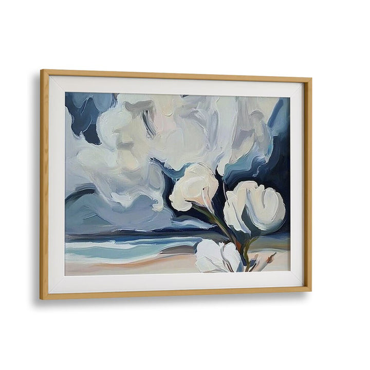 Serene WHITE FLOWERS ON THE BEACH artwork showcasing delicate blossoms against a tranquil sandy shore. Perfect for any space.