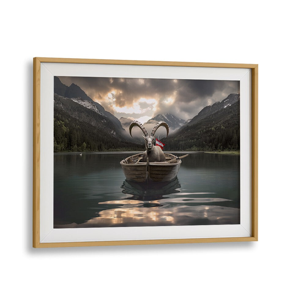 Surreal JAEGERSEE AUSTRIA photography prints featuring a goat in a boat on a serene lake, perfect for unique decor.