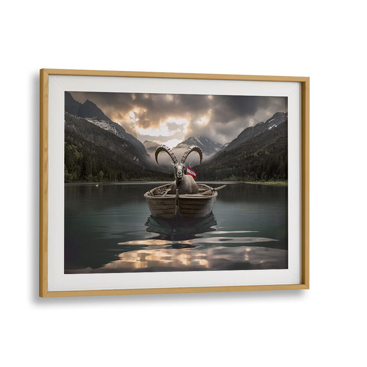 Surreal JAEGERSEE AUSTRIA photography prints featuring a goat in a boat on a serene lake, perfect for unique decor.
